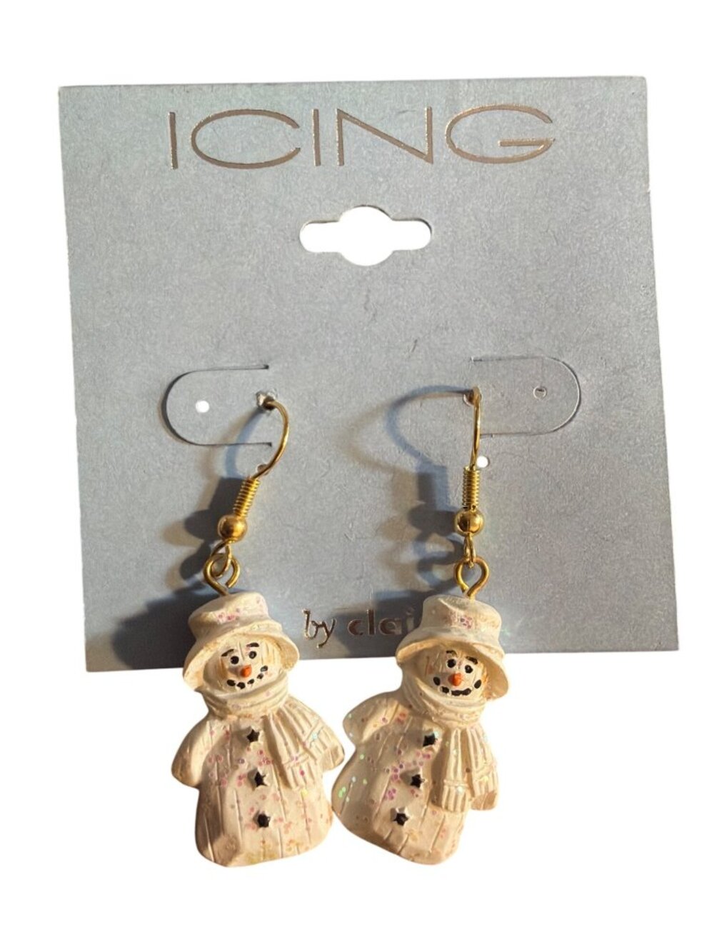 Icing Snowman Dangle Earrings Glitter Gold Tone Hooks Winter Christmas 2" NEW